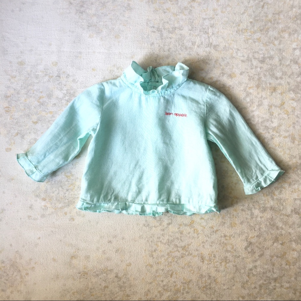 Heimstone x Catimini Baby Girl 12M Linen Bon Appetit Ruffle Blouse Blue Top